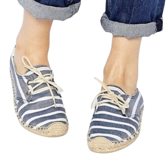 Soludos Derby Blue White Stripe Lace Up Espadrilles - Picture 1 of 15